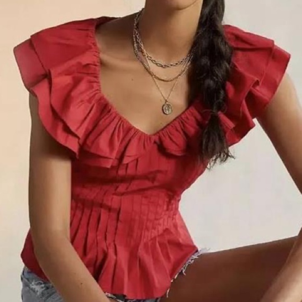 Anthropologie NWT Forever That Girl Cotton Pintucked Ruffle Top Size Medium